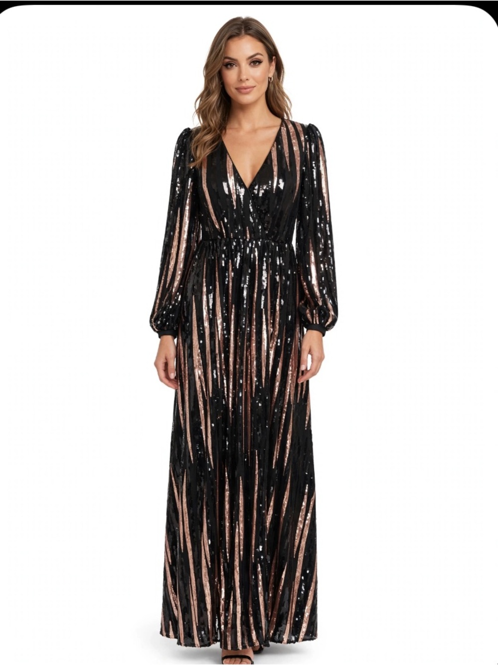 Glam Black & Gold Sequin Long Sleeve Wrap V-Neck Formal Maxi Dress Size XL NWT